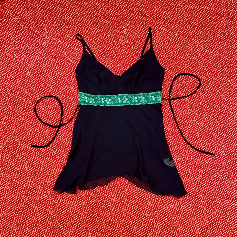 Mariposa vintage 2000s Black tie back fairy hem tank top Green Beaded Medium